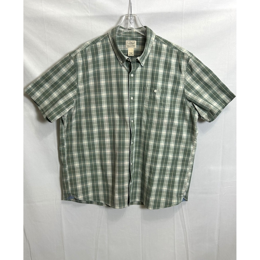 LL Bean Mens XL Traditional Fit Plaid Short Sleeve Button Down Shirt Green